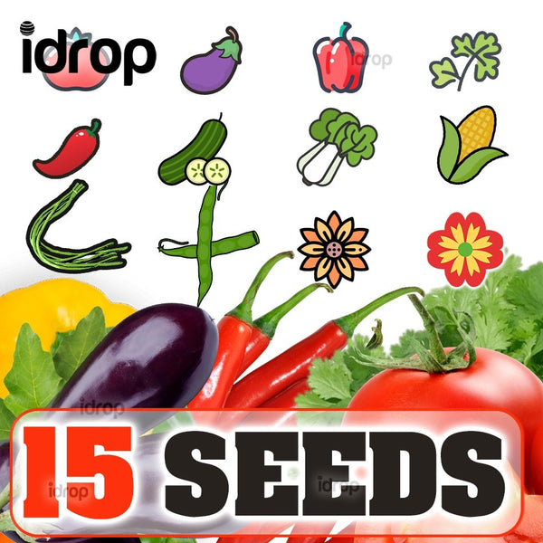 idrop 15pcs SEEDS - Tomato / Egg Plant / Bell Pepper /  Coriandur Leaves / Chilli Seed / Cucumber / Choy-Sun / Sweet Corn / Long Bean / Bean / Gazania / Garden Balsam