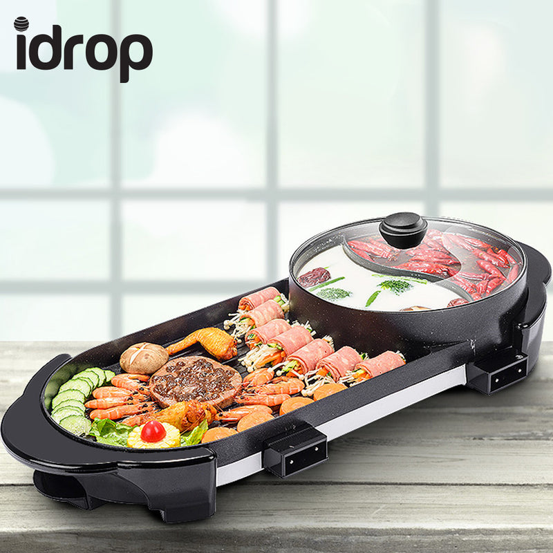 idrop 2 in 1 BBQ Electronic Pan Grill Teppanyaki & Hot Pot Steamboat Combination Party Family Friend Gathering Electric Grill