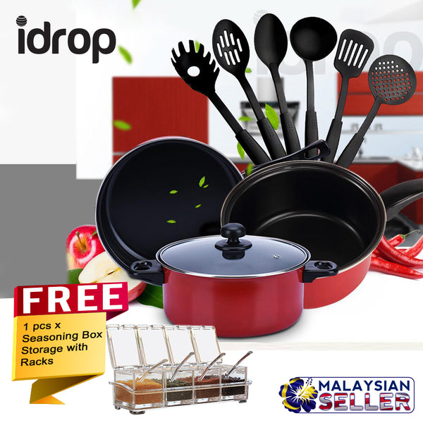 idrop COMBO Cookware Pan and Pot Set with Kitchen Utensil Tool Set [ 11 Piece ] + Free Seasoning Box Storage with Racks