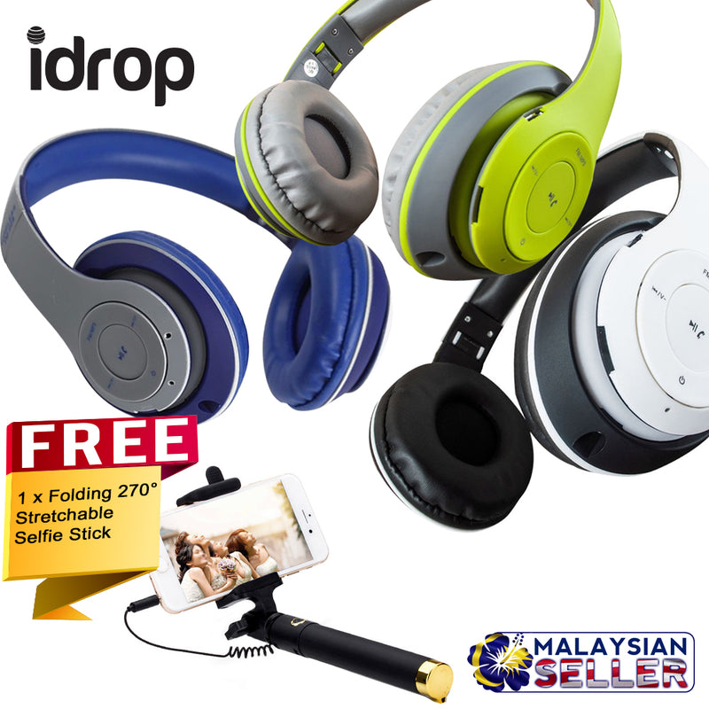 idrop COMBO TM-028 Wireless Bluetooth Headset + Free Selfie Stick Stretchable Extendable Folding 270° Rotating Wired