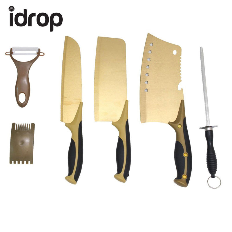 idrop Combo Set of 6 Titanium Coated Stainless Steel Kitchen Knife Set Cutter Tools