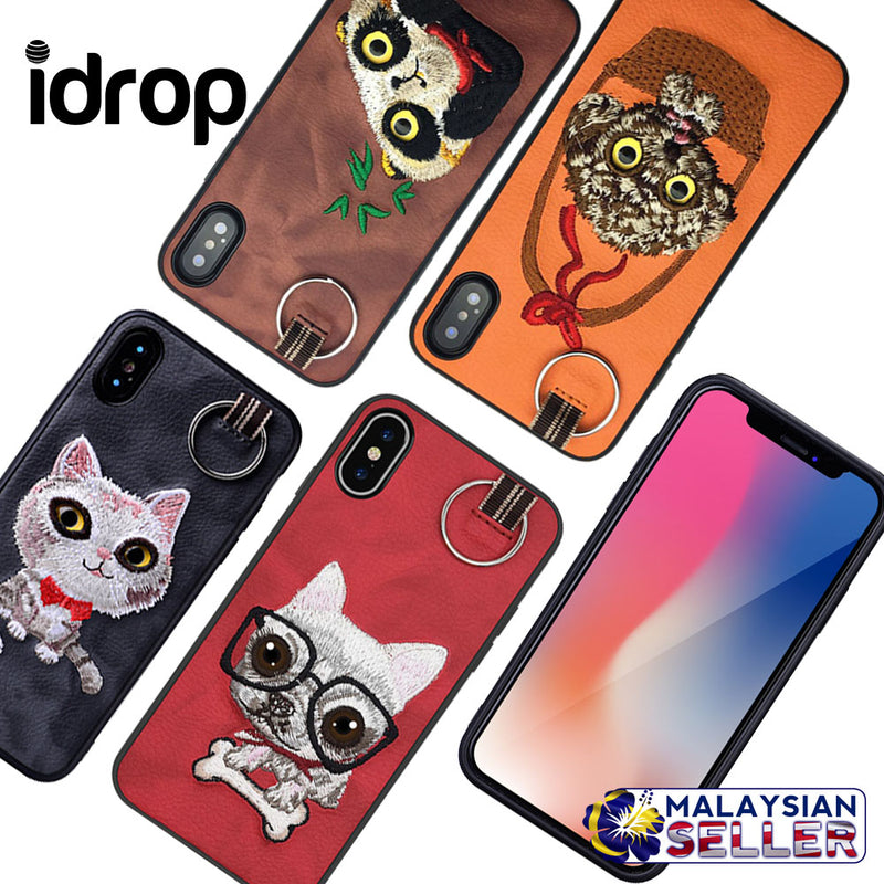 idrop Fashion Embroidery Cute Animal PU Leather Case For Apple iPhone X