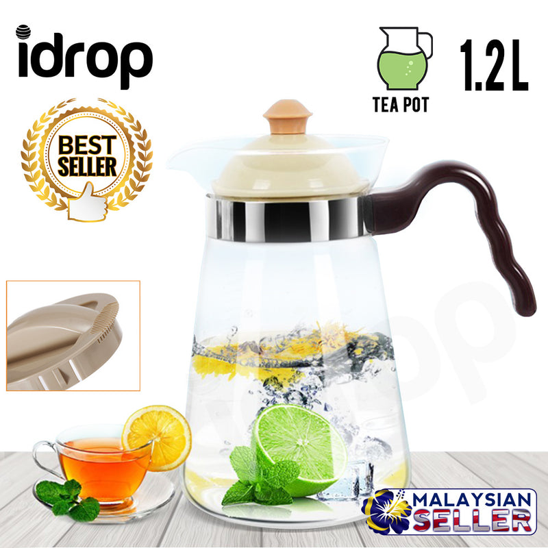 idrop 1.2L Classic Transparent Drinking Glass Teapot for Kitchen Tool