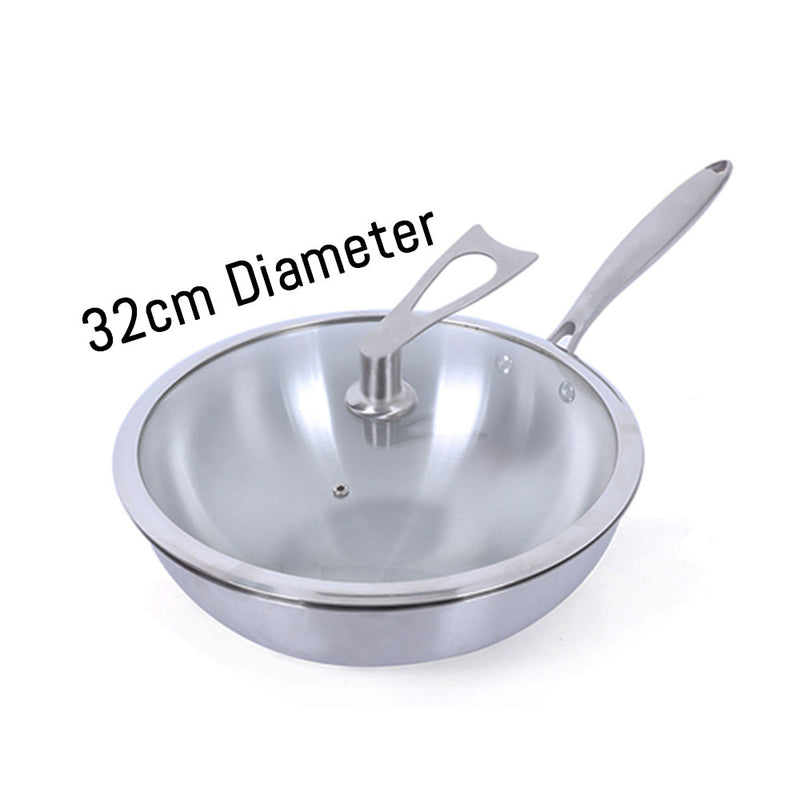idrop Portable Stainless Steel Wok Frying Pan with Glass Lid [32cm]