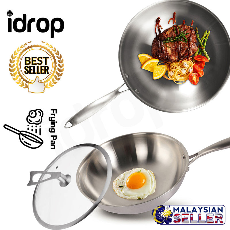 idrop Portable Stainless Steel Wok Frying Pan with Glass Lid [32cm]