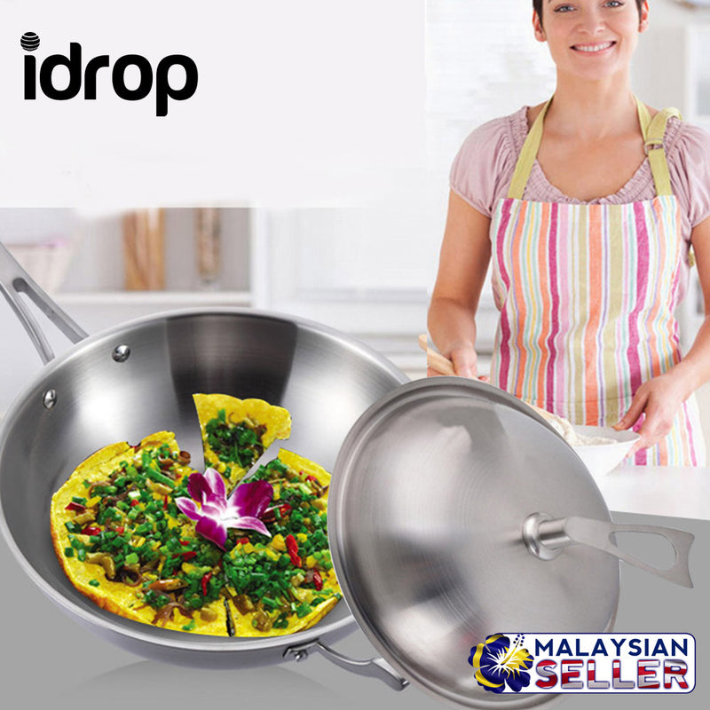 idrop Portable Stainless Steel Wok Frying Pan with Lid [30cm, 32cm, 34cm]