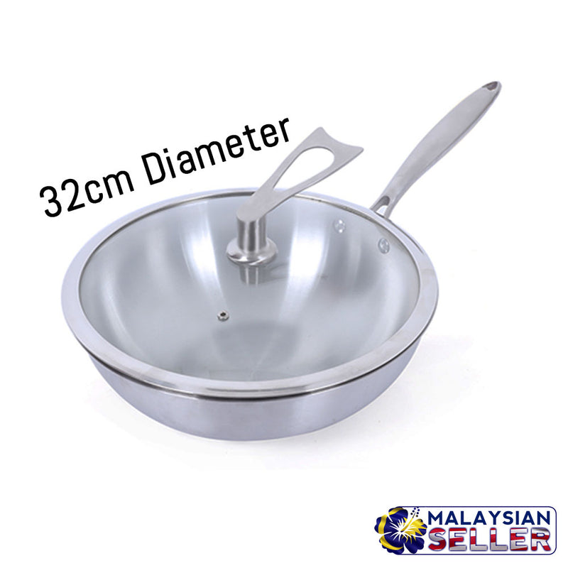 idrop Portable Stainless Steel Wok Frying Pan with Glass Lid [32cm]